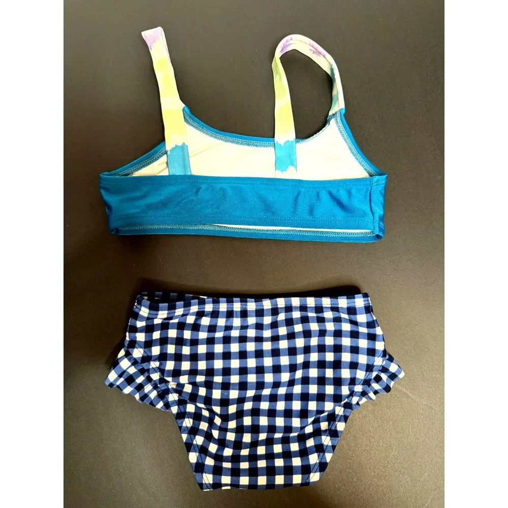 Cat & Jack 18M Baby Girl Blue Gingham 2 Piece Swimsuit Ruffle Bikini Set EUC